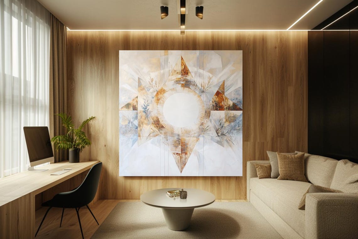 Golden Geometric Starburst with Sun Center Abstract Painting Poster - Image 2