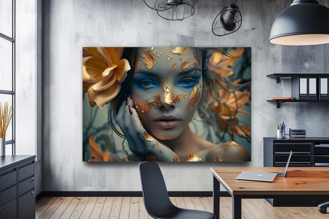 Woman Face With Gold Leaf Flakes And Peach Rose Floral Poster - Image 2