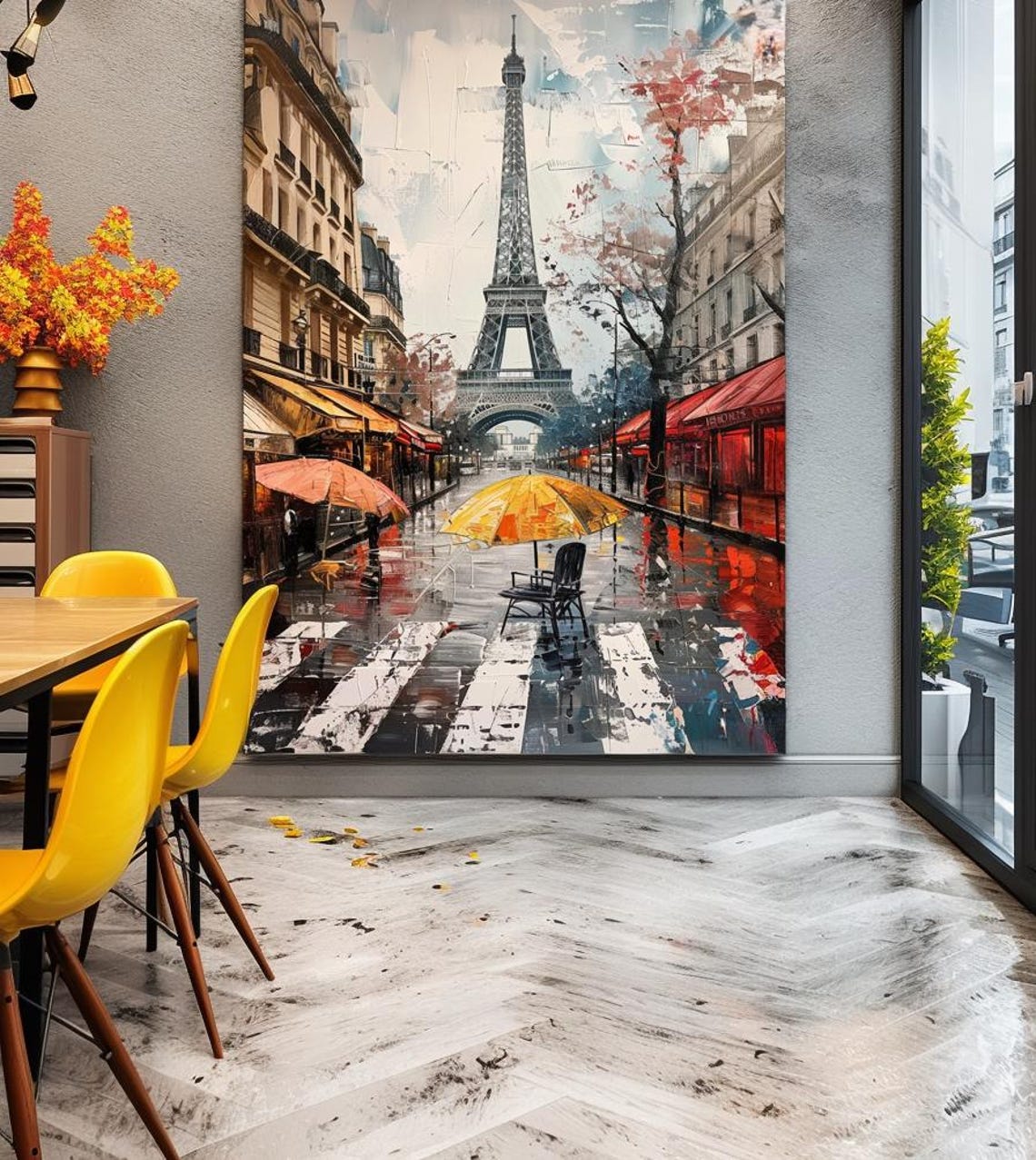 Rainy Paris Street With Yellow Umbrella And Eiffel Tower Poster - Image 3