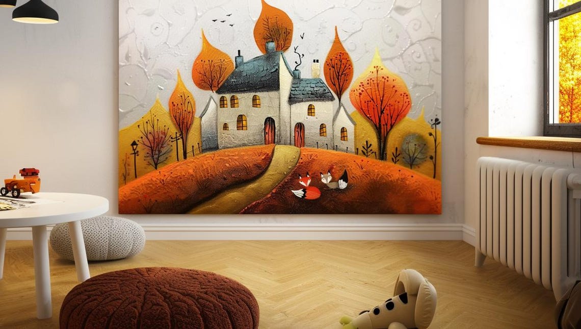Cottage In Autumn Woods With Foxes Cozy Fall Landscape Poster