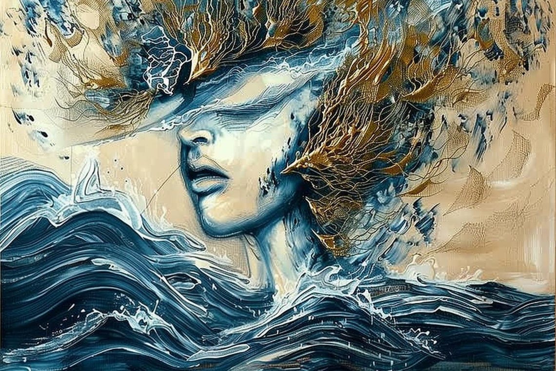 Woman Emerging From Ocean Waves Blue Abstract Seascape Poster - Image 2