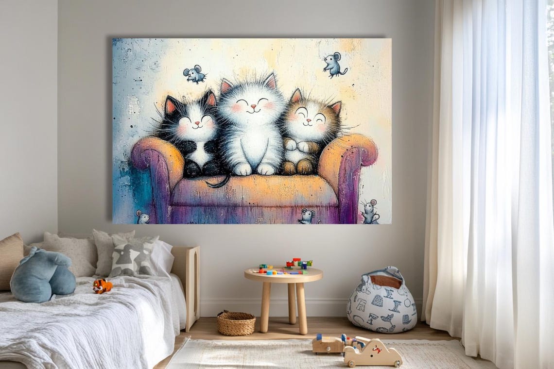 Three Smiling Kittens On A Purple Couch With Tiny Mice Poster - Image 2