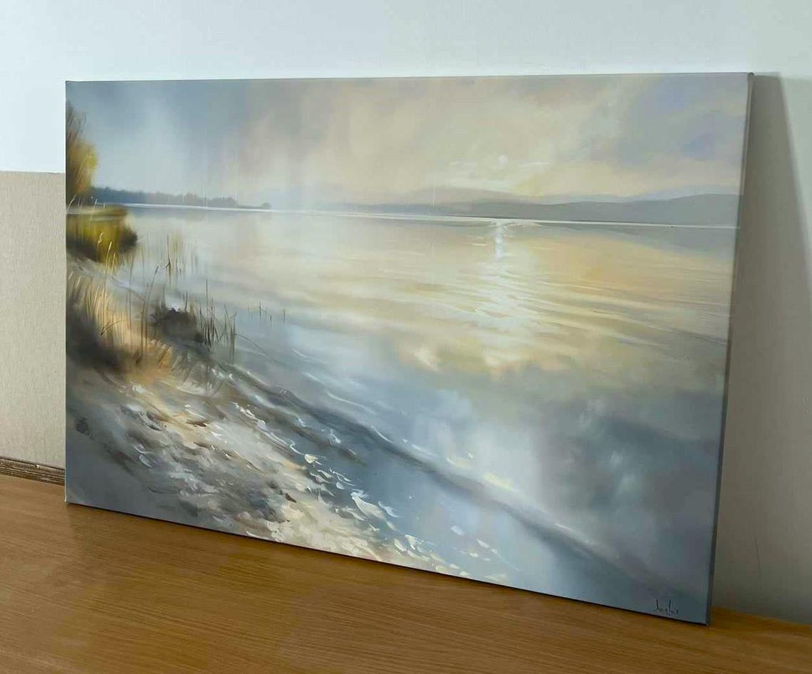Soft Sunrise Over Calm Lake With Reeds Watercolor Art Poster - Image 3