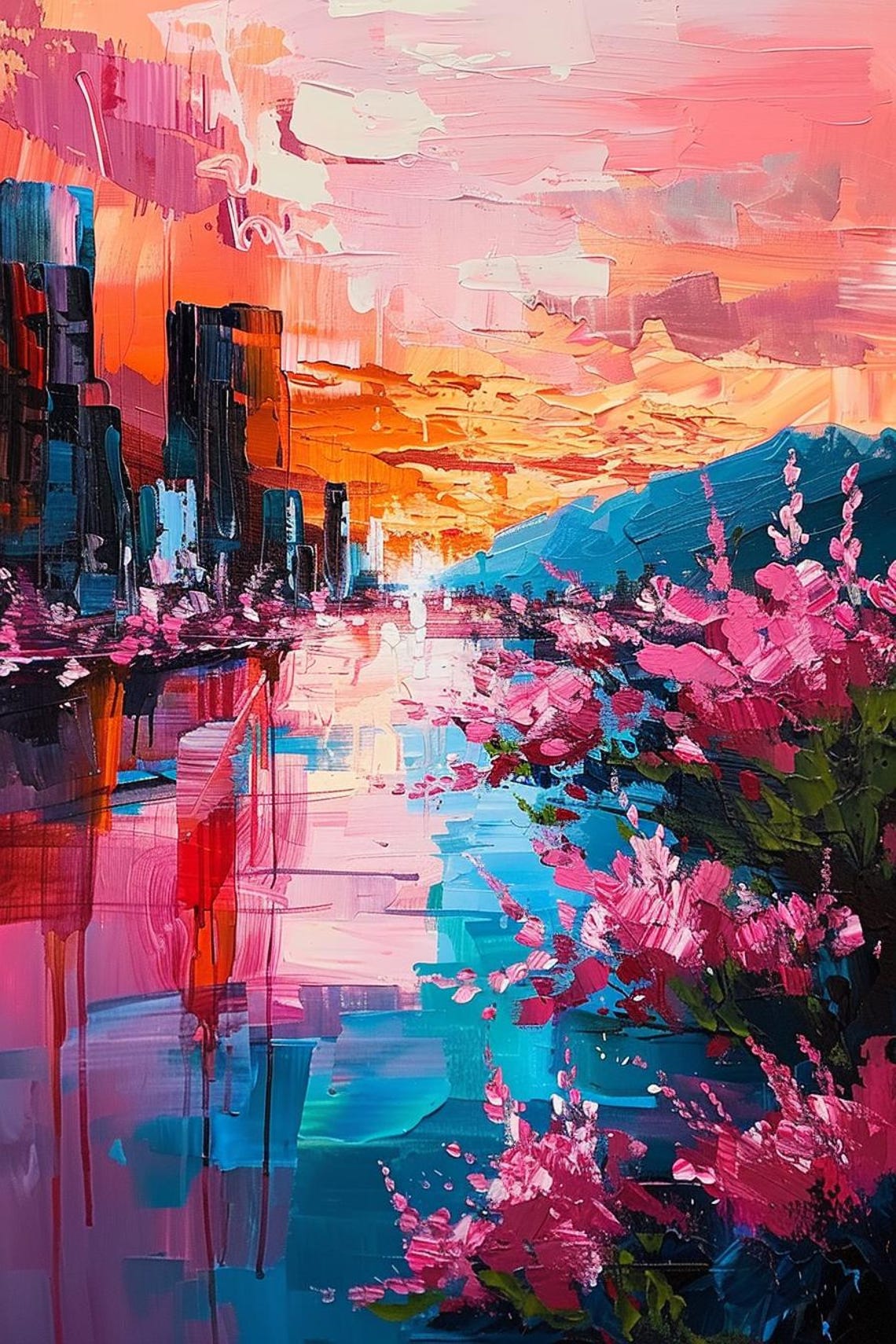 Vibrant City Sunset Reflection With Pink Blossoms Painting Poster - Image 2