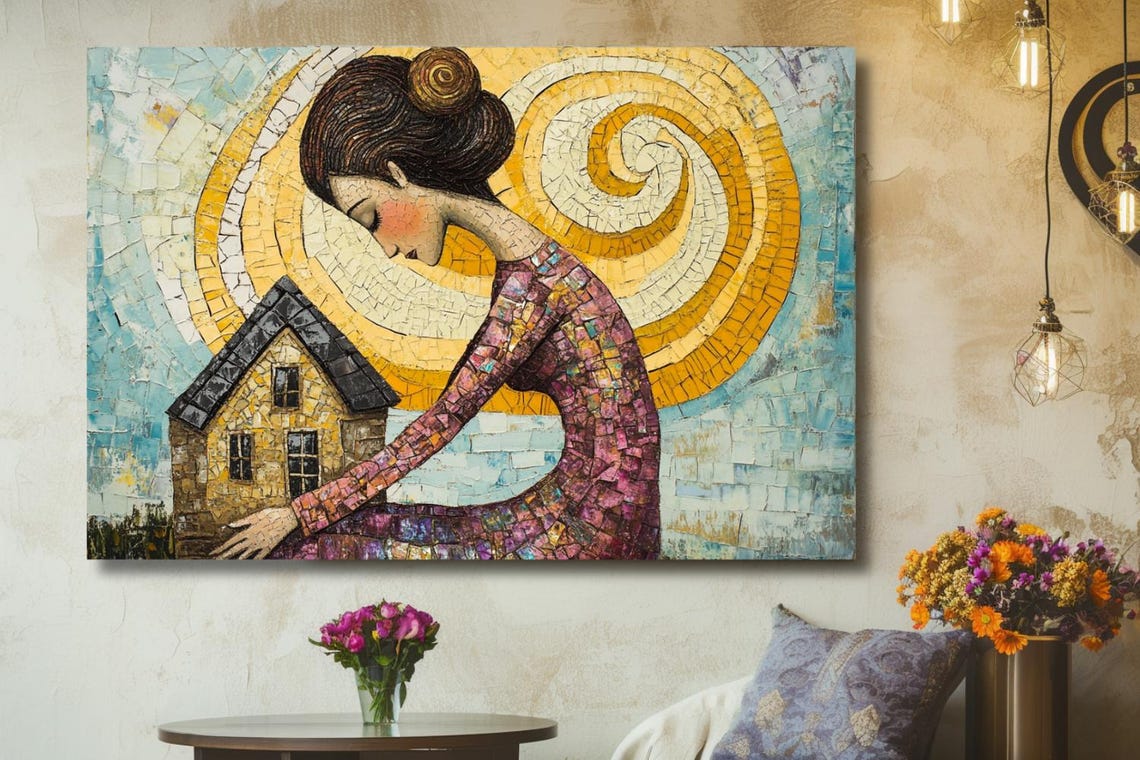 Woman Embracing Small House Golden Sun Mosaic Artwork Poster - Image 3