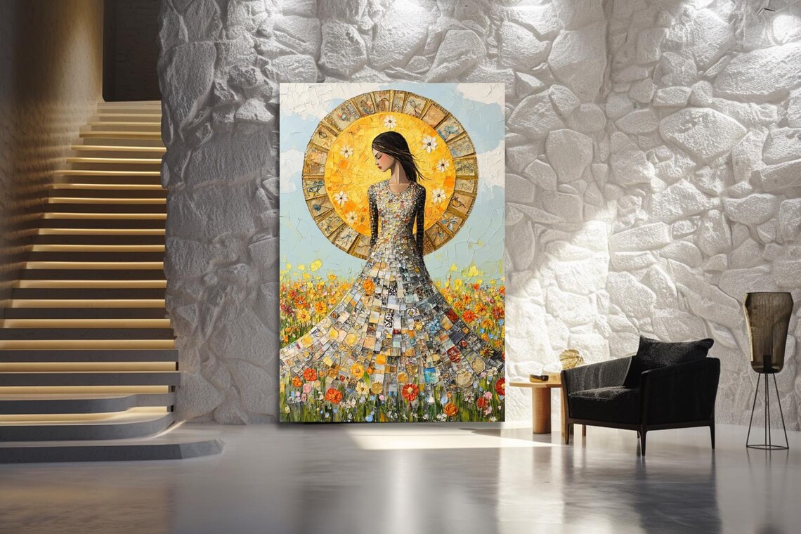 Woman In Mosaic Floral Gown With Golden Sun Halo Field Poster