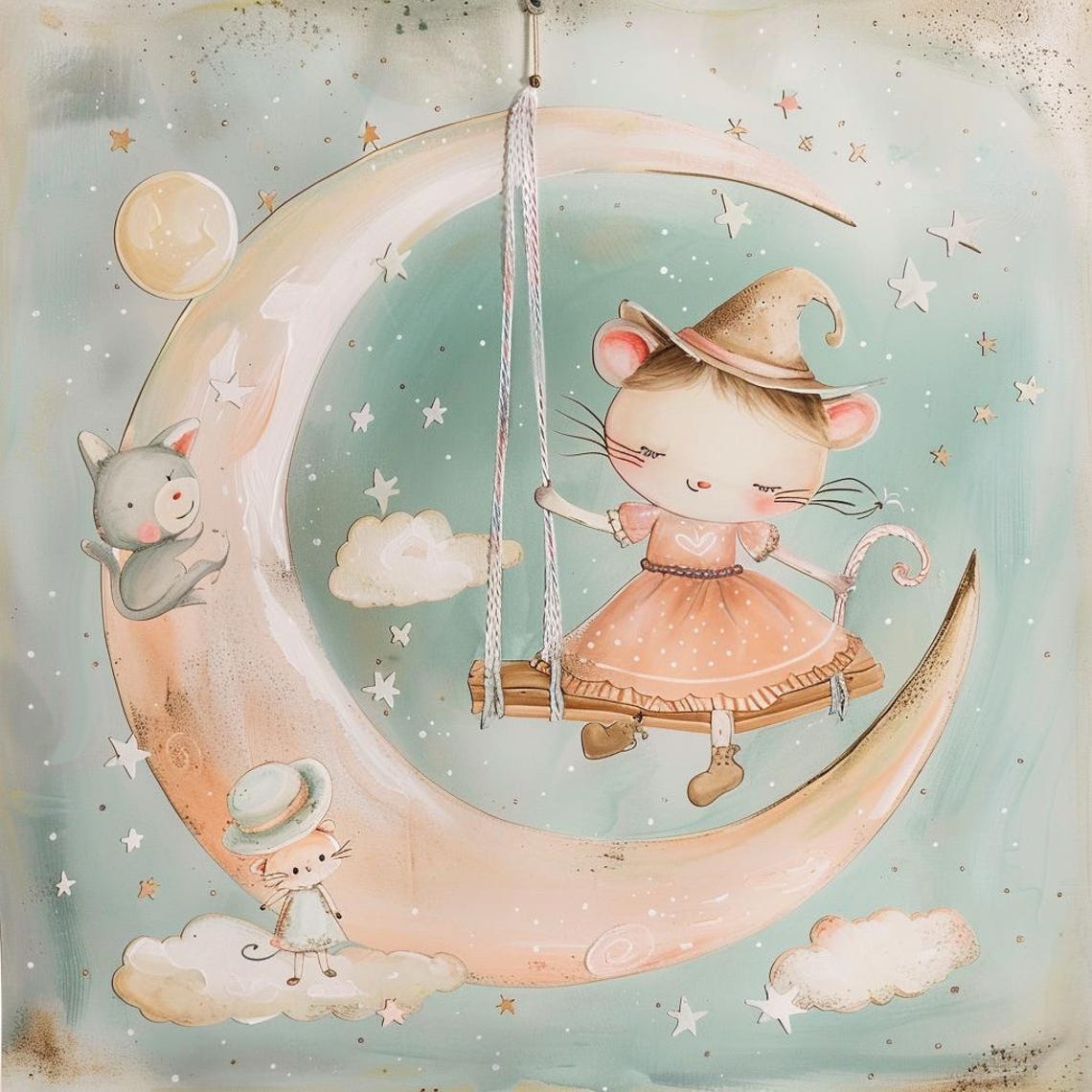 Cute Mouse Girl On Moon Swing Pastel Nursery Kids Room Art Poster