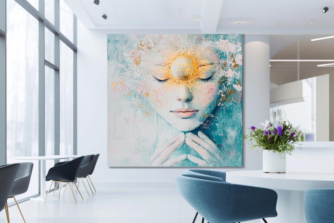 Meditating Woman With Golden Sun On Forehead Teal Blue Poster - Image 2