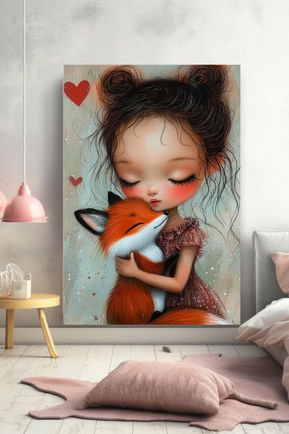 Little Girl Hugging Fox With Red Hearts Tender Illustration Poster