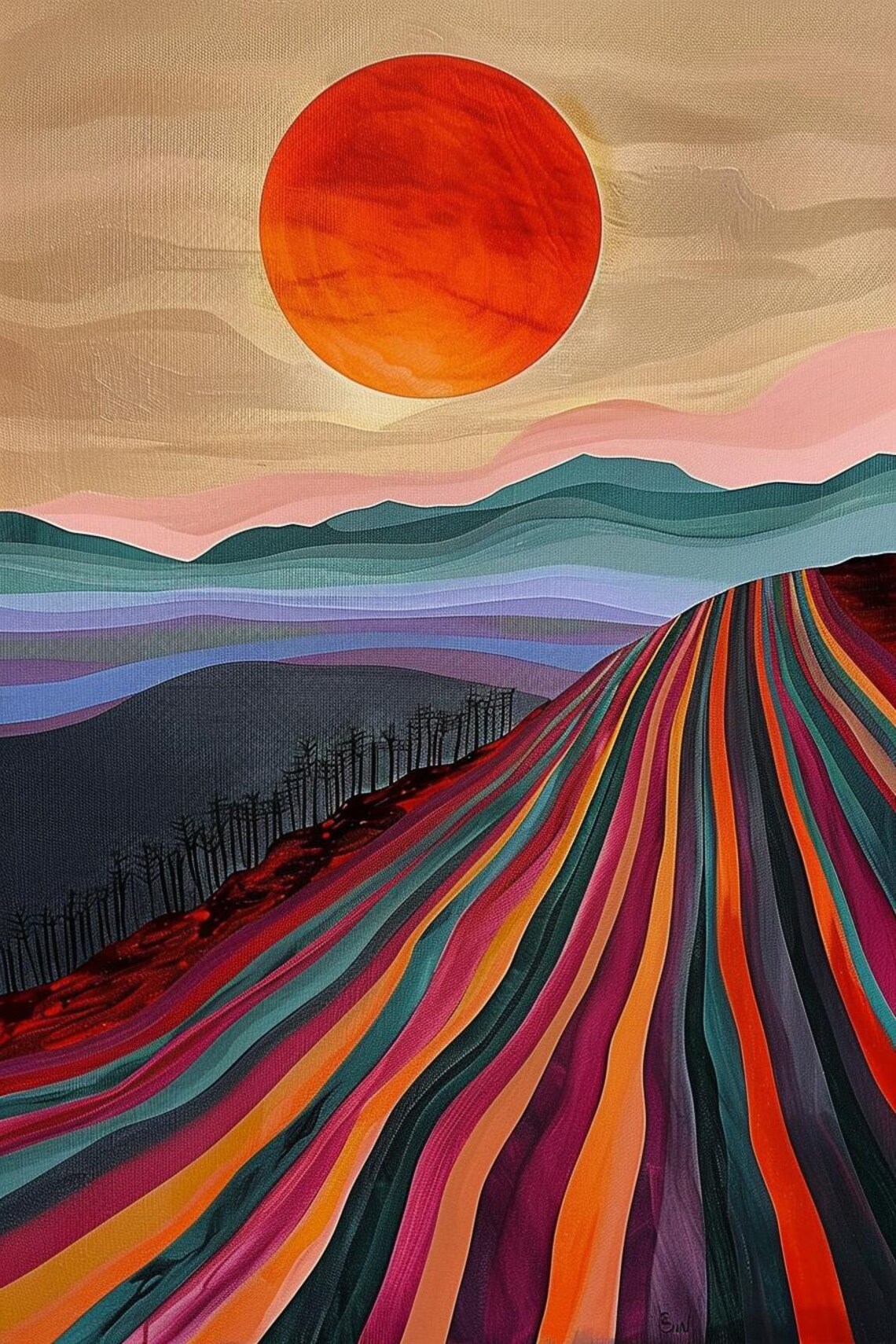 Horizon Of Colors Striped Desert Road Under Red Sun Art Poster - Image 2