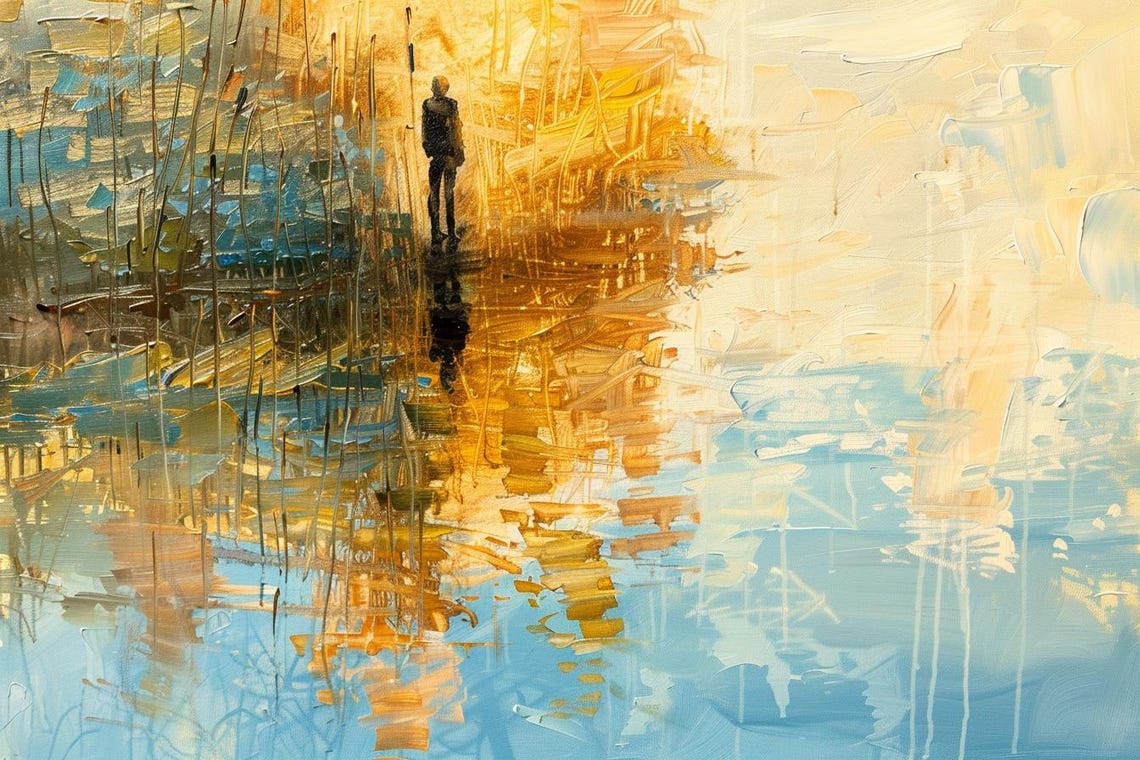Lone Figure Walking Through Golden Rain Reflection Art Poster - Image 2