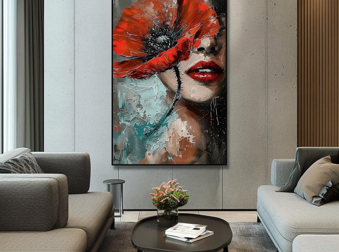 Woman With Red Poppy Bloom Covering Her Face Abstract Portrait Poster