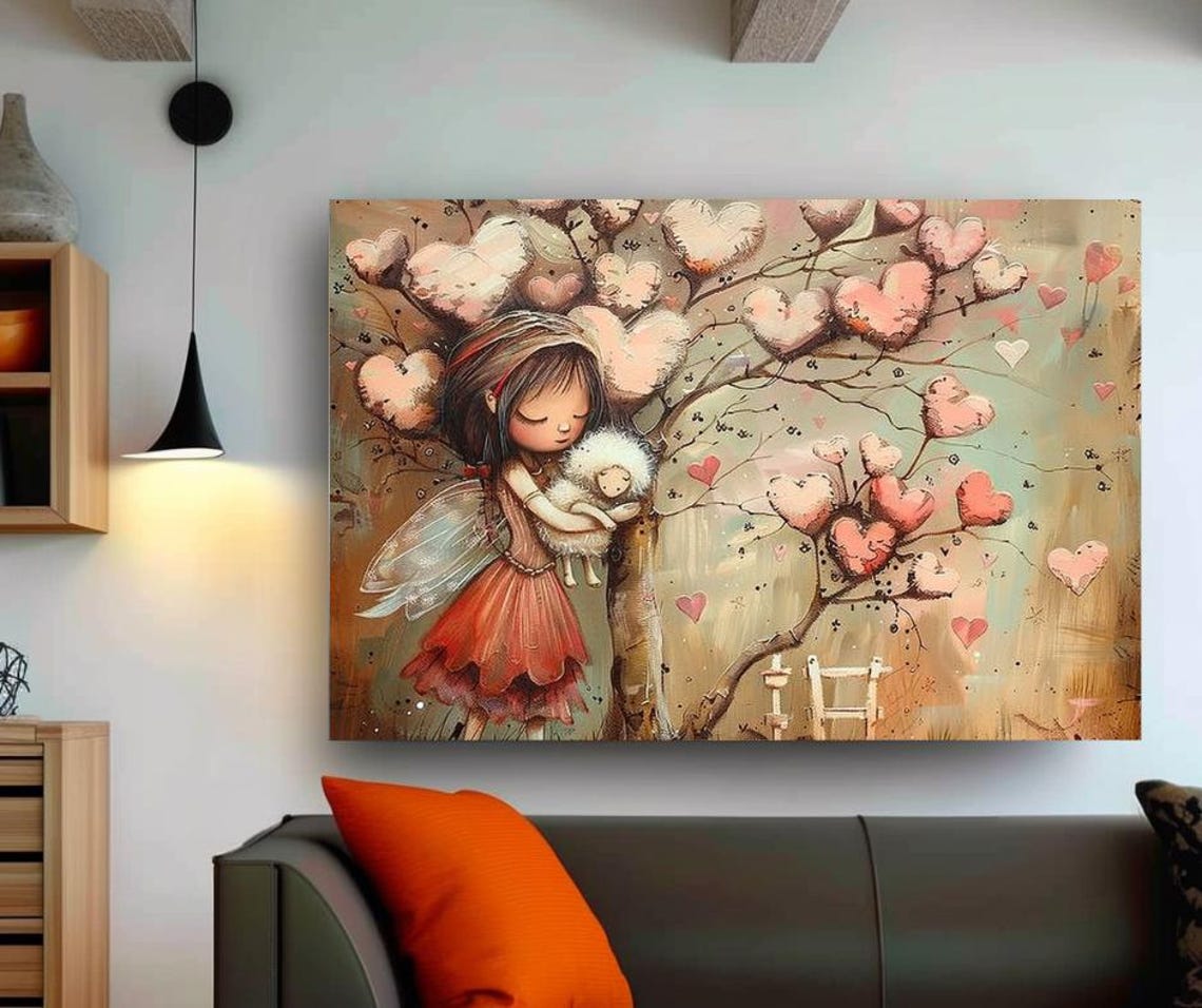 Sweet Fairy Girl Hugging Lamb Under Heart Blossom Tree Poster - Image 3
