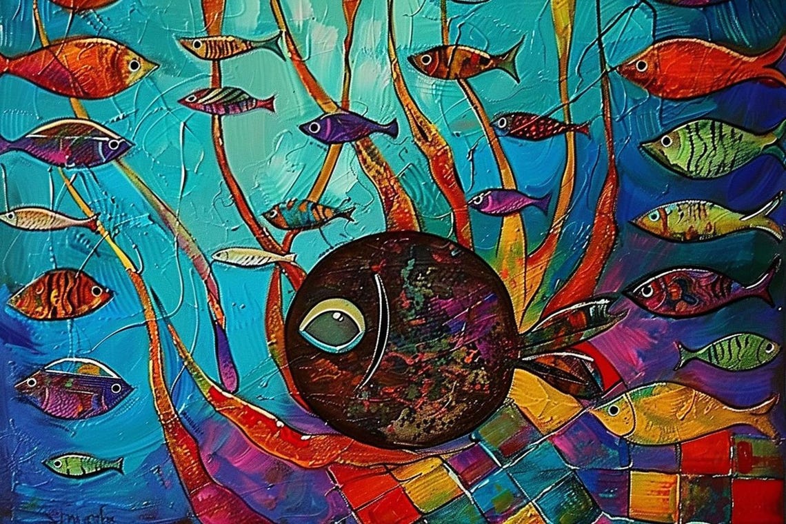Colorful Underwater World With Big Fish And Small Fish School Poster - Image 2