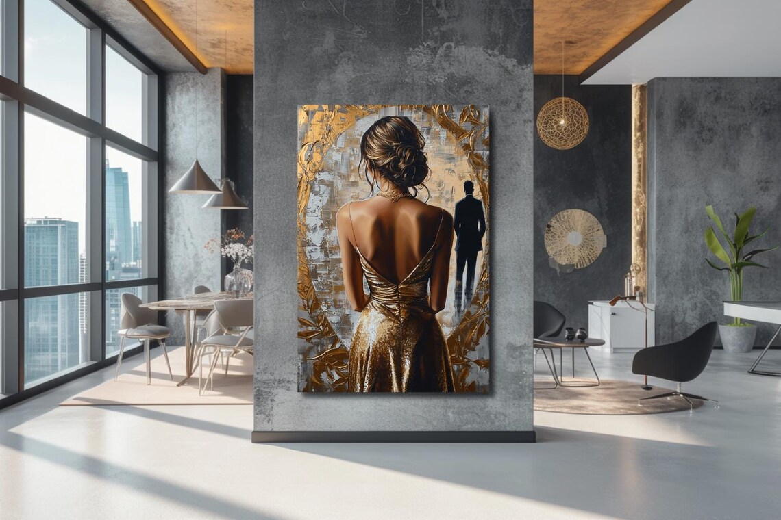 Woman in Gold Dress Watching a Distant Man Abstract Painting Poster - Image 3