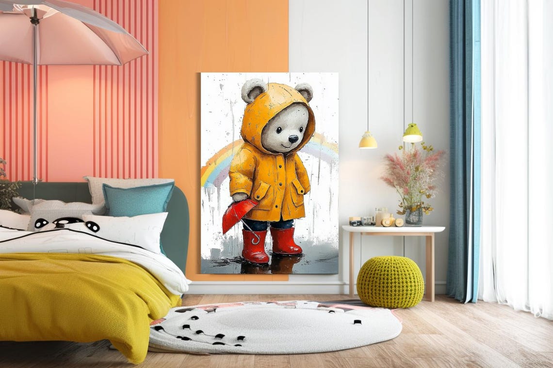 Cute Bear Child In Yellow Raincoat Red Boots Nursery Art Poster