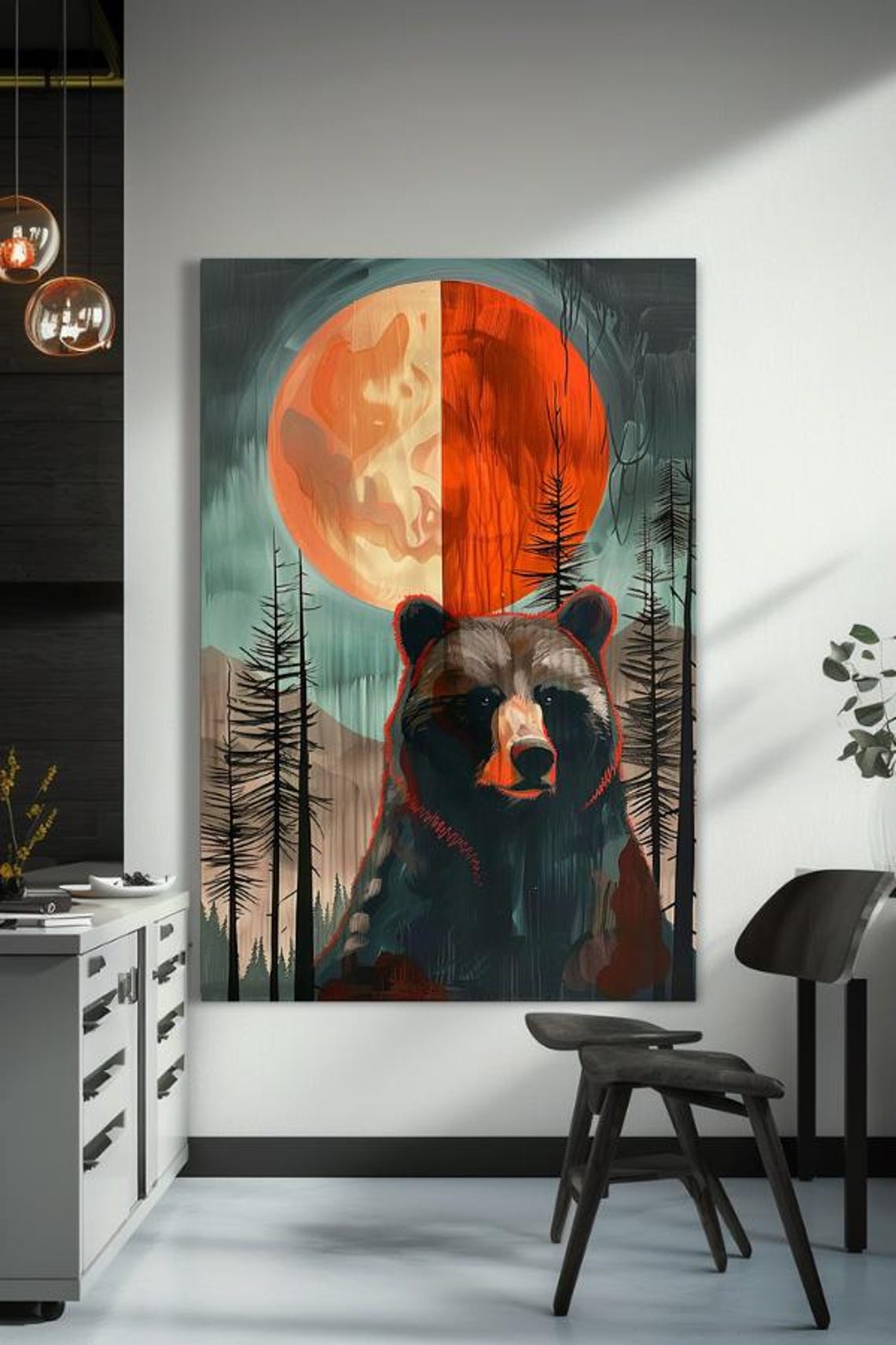 Bear Portrait Beneath a Red Moon in Pine Forest Painting Poster - Image 2