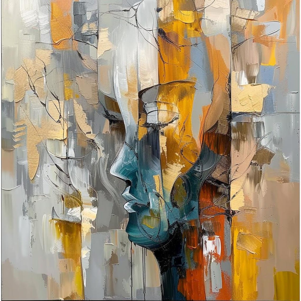 Abstract Profile Face In Teal And Ochre Palette Knife Poster - Image 2