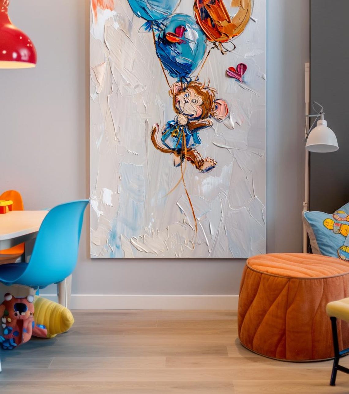 Playful Monkey Floating with Colorful Balloons Impasto Art Poster - Image 3