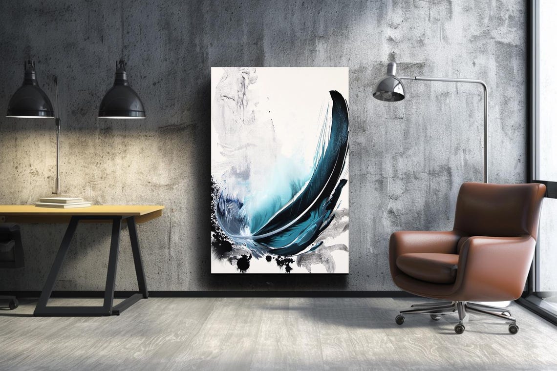 Single Teal Feather On White Minimalist Abstract Watercolor Poster - Image 2