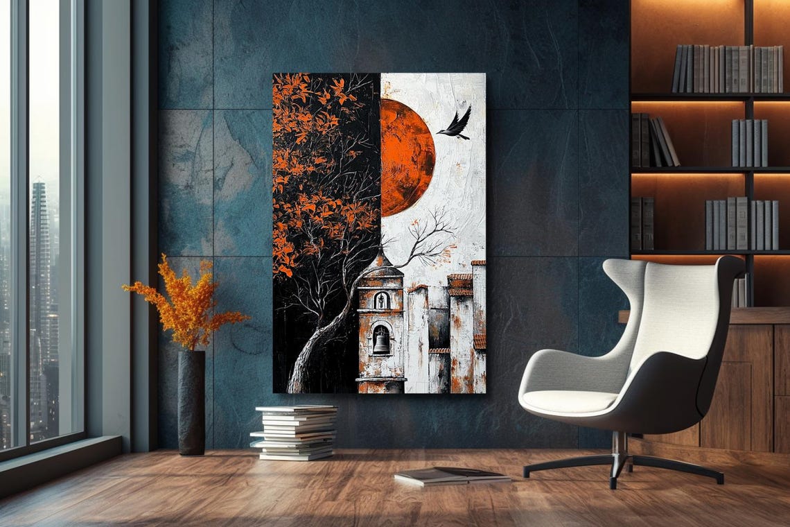 Split Day and Night Town with Orange Sun and Bird Abstract Poster - Image 3