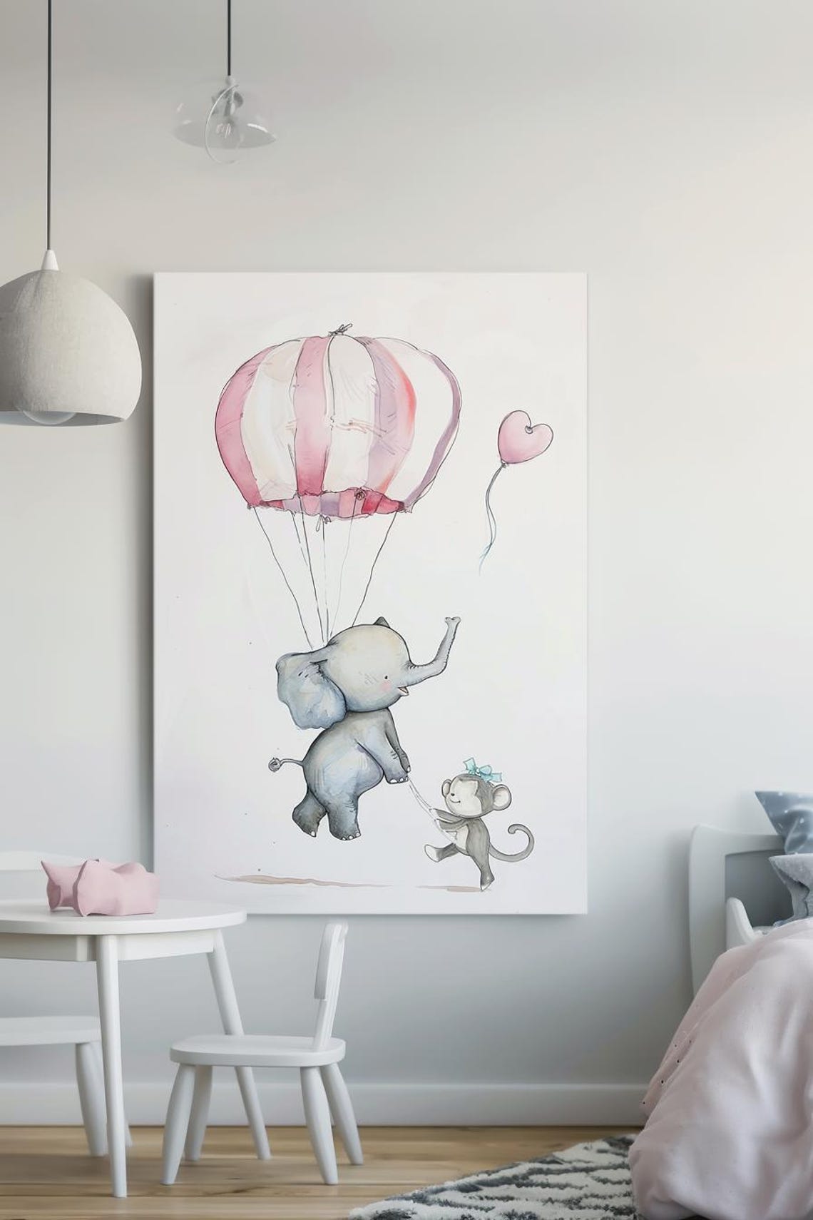 Baby Elephant With Pink Parachute And Monkey Nursery Art Poster