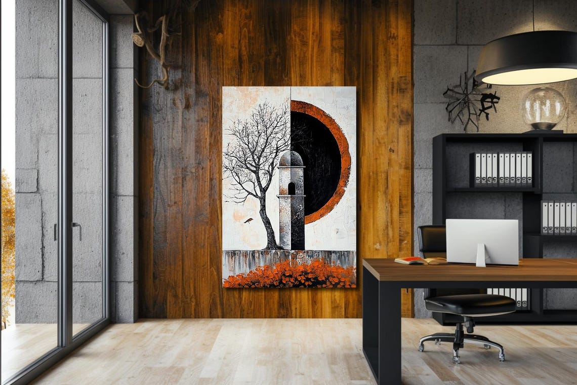 Bare Tree And Tower Before Eclipse Orange Flowers Art Poster - Image 2