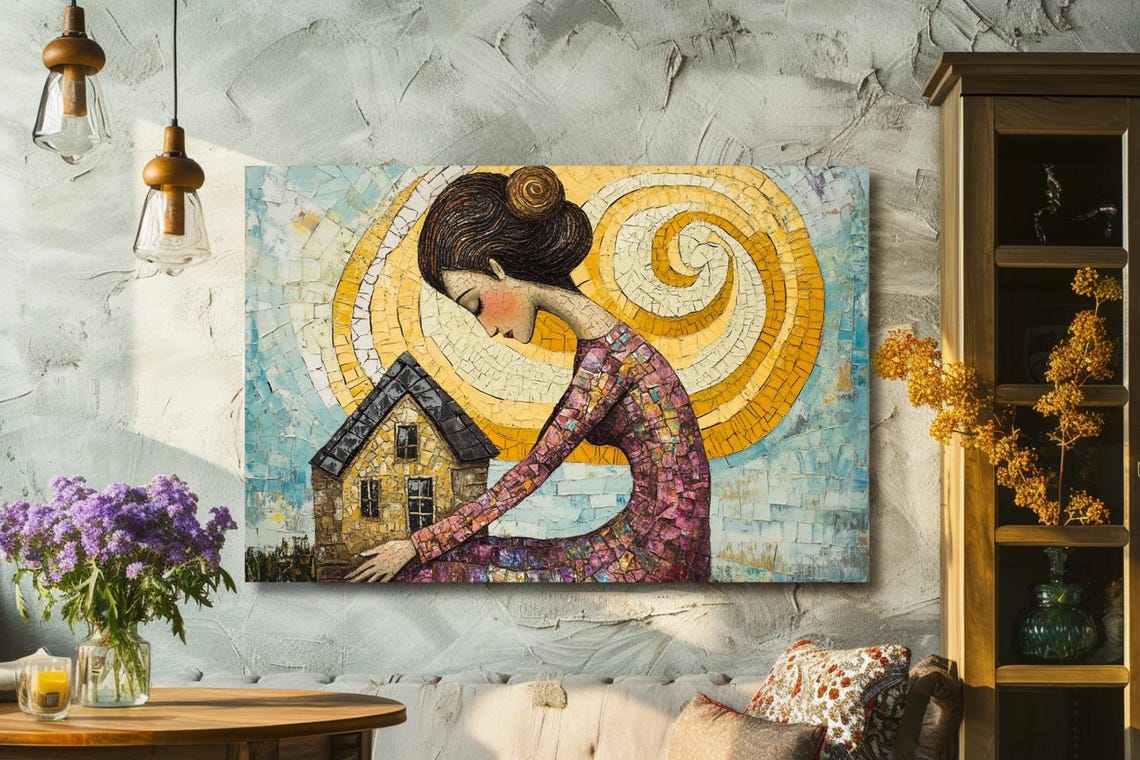 Woman Embracing Small House Golden Sun Mosaic Artwork Poster - Image 2