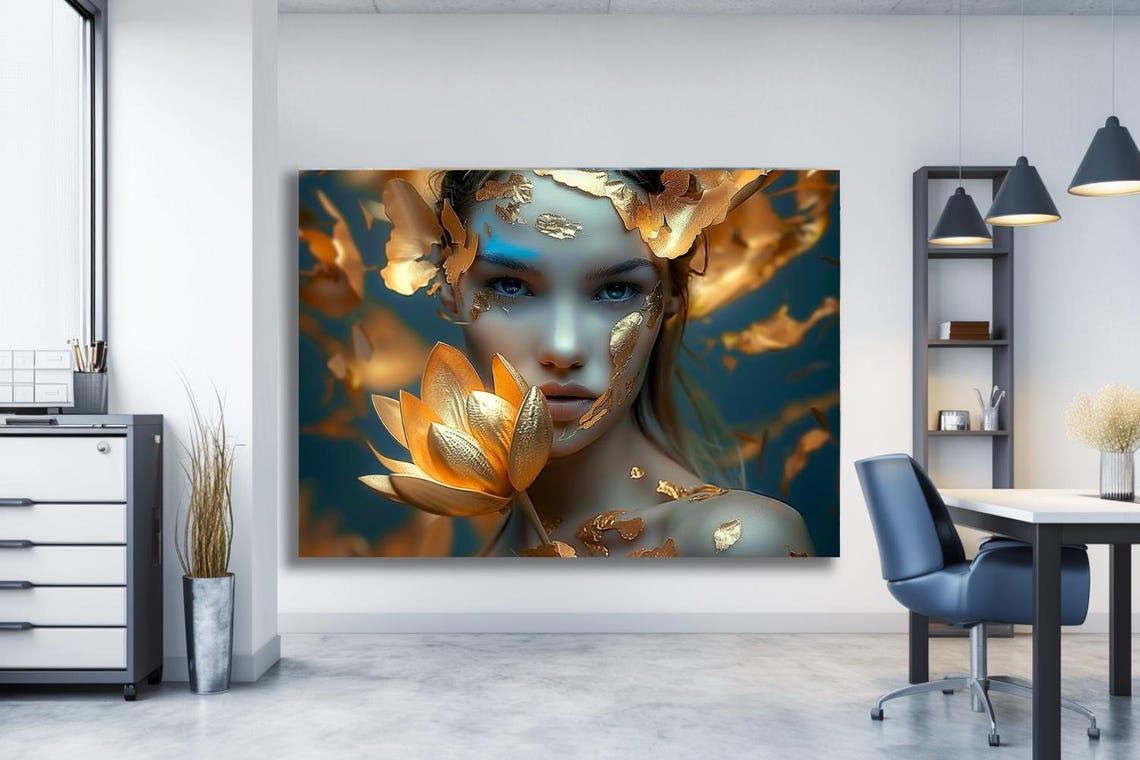 Woman Face with Gold Leaf and Golden Lotus Dark Teal Art Poster - Image 2