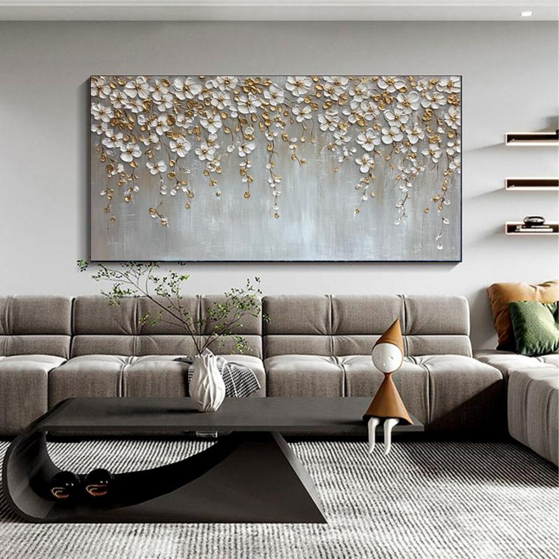 White Hanging Blossom Branch Gold Accent Floral Art Painting Poster - Image 5