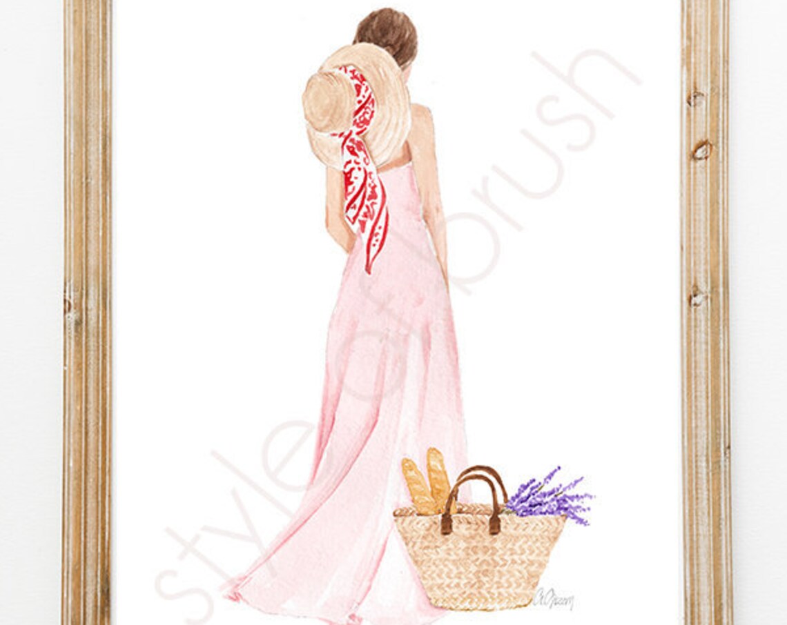 Pink Maxi Dress Straw Bag Baguette Summer France Fashion Poster