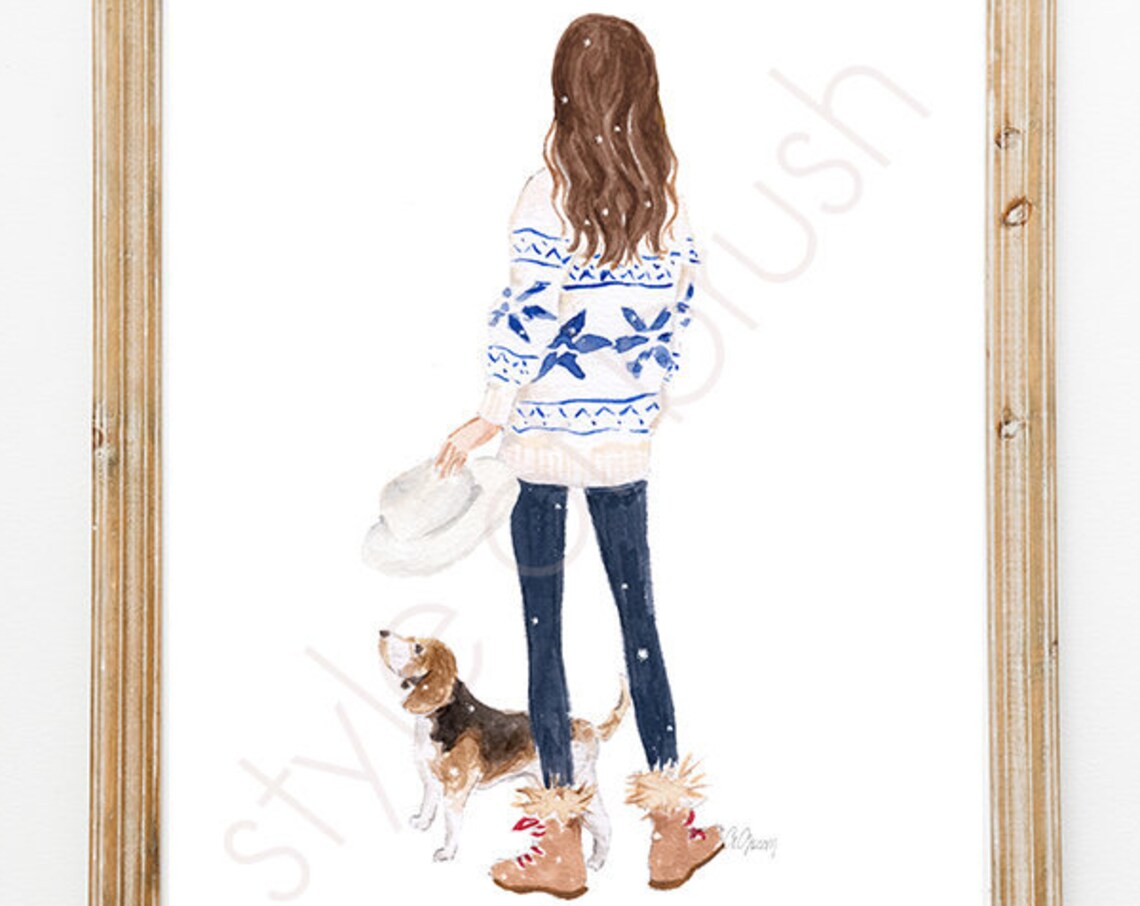 Winter Fair Isle Sweater Girl Walking Beagle Dog Fashion Poster