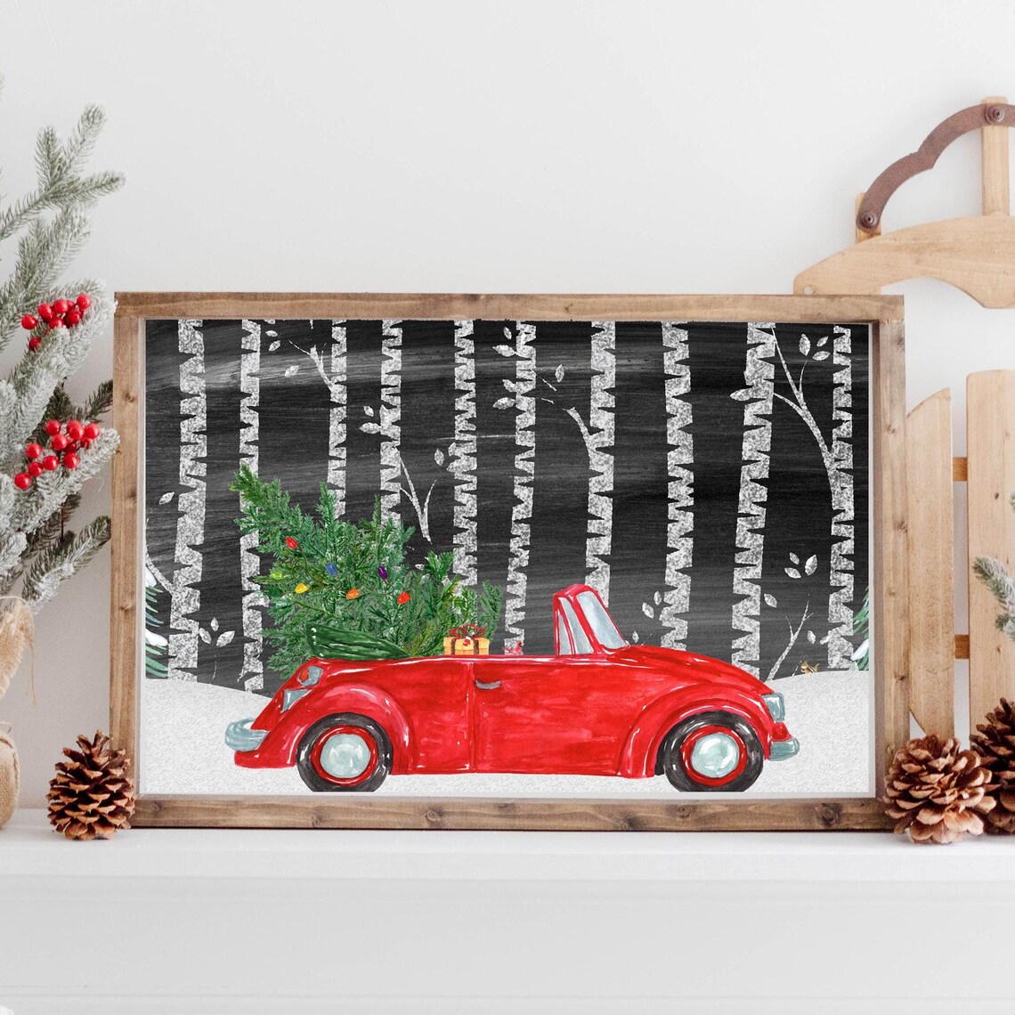 Red Vintage Convertible Christmas Tree Snowy Birch Forest Wall Art