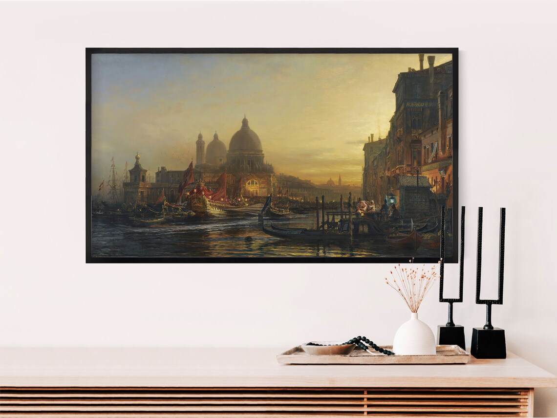 Venice Grand Canal At Dusk Vintage Oil Painting Gondolas Print