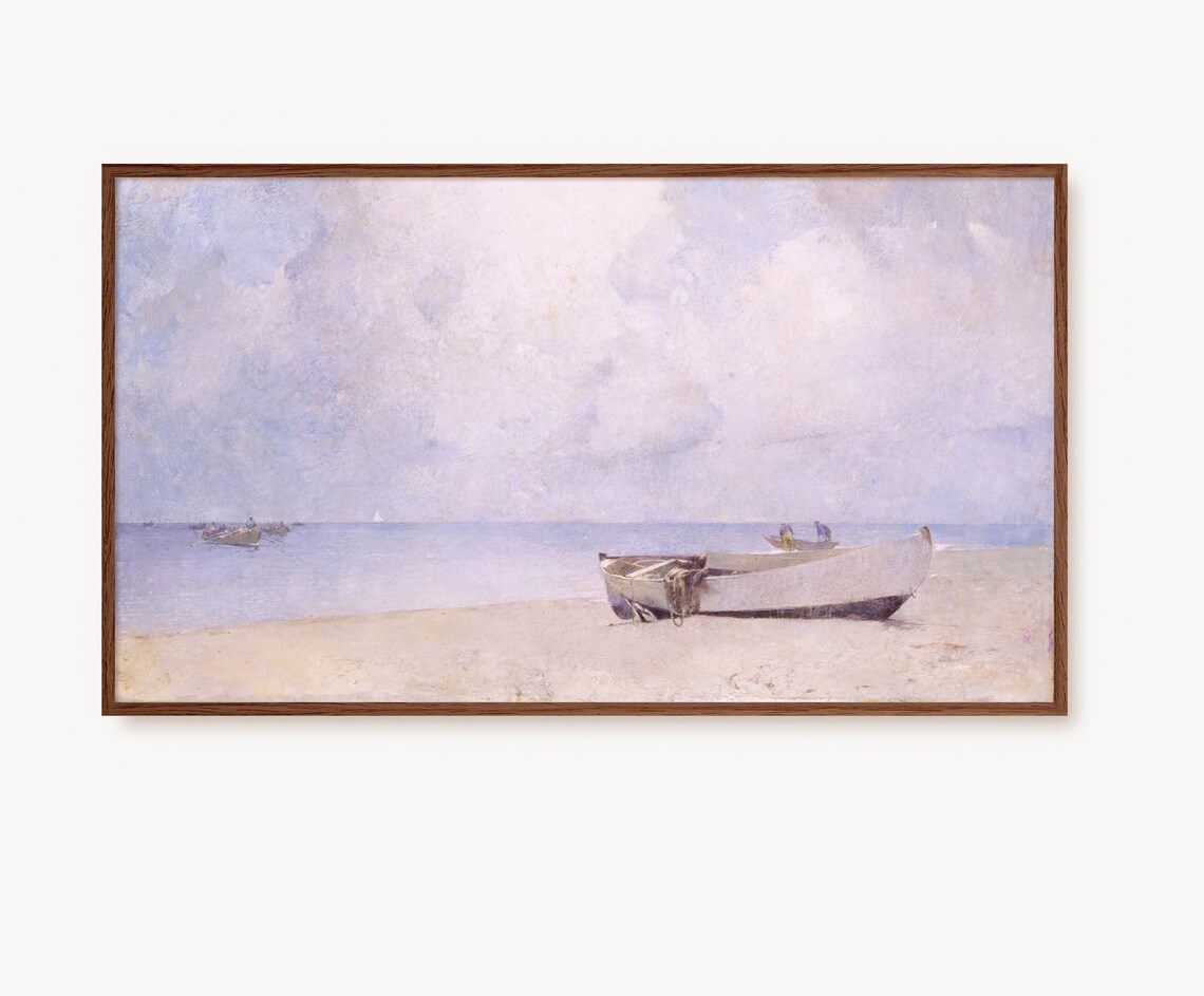 Vintage Beach Rowboat Antique Coastal Oil Painting Art Poster