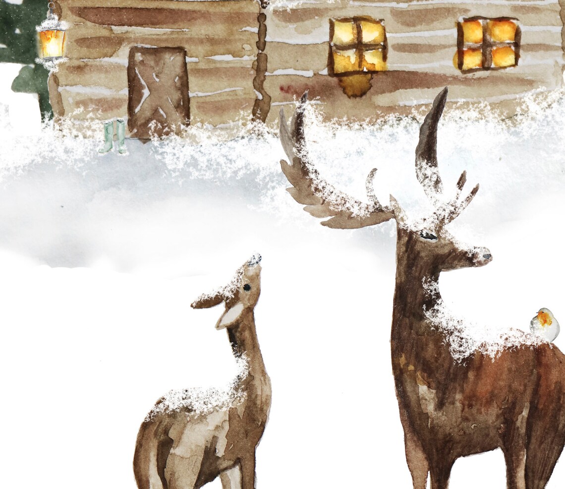 Snowy Cabin Doe and Buck Watercolor Rustic Winter Wonderland Art Poster - Image 2