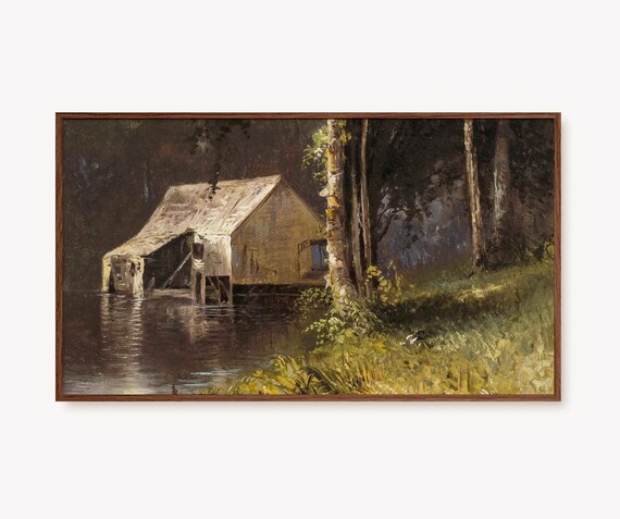 Frame Tv Art Lake Painting River Lake House Wall Art Vintage Lakehouse Artwork Rustic Mountain Decor