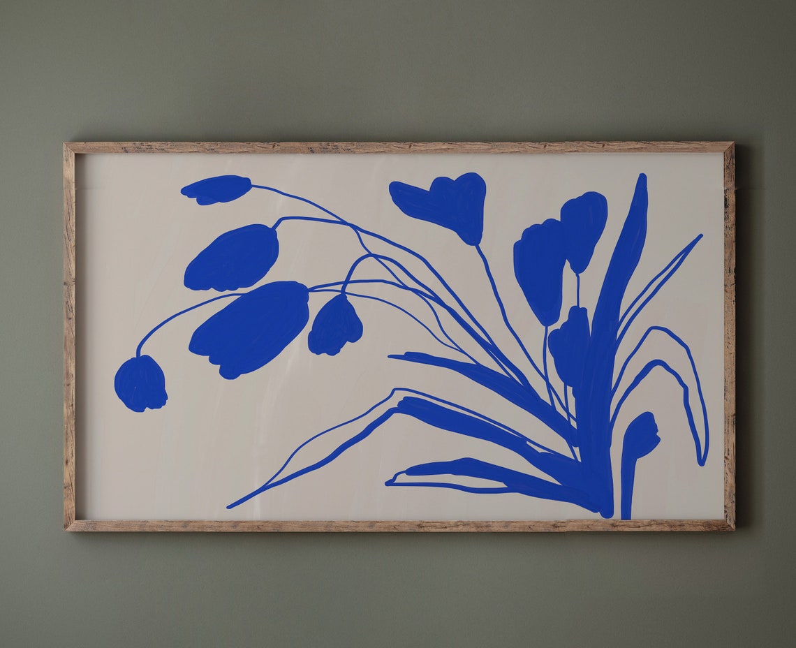 Bold Blue Botanical Tulip Silhouette Modern Abstract Art Poster - Image 3