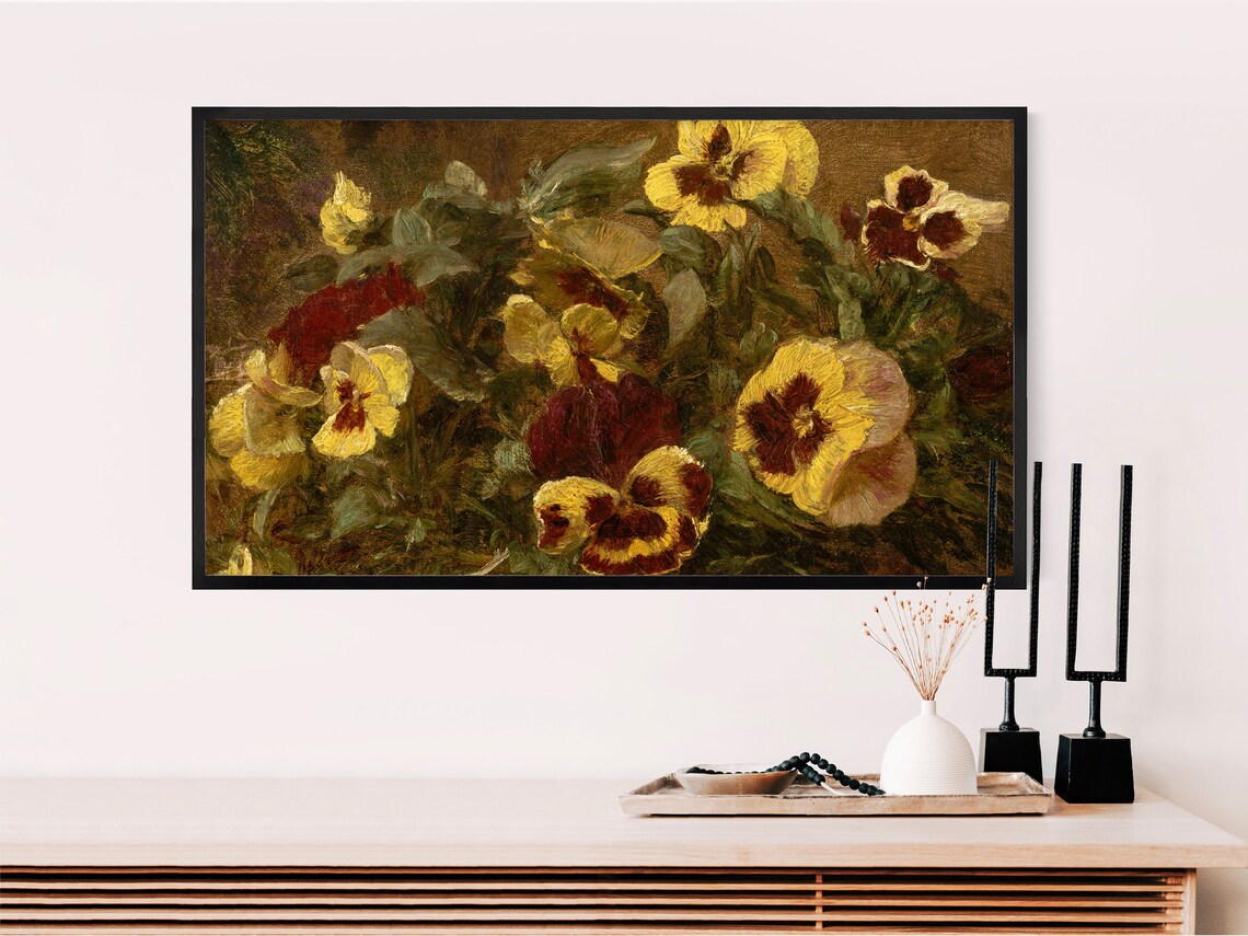 Vintage Yellow Pansies Oil Painting Floral Still Life Poster