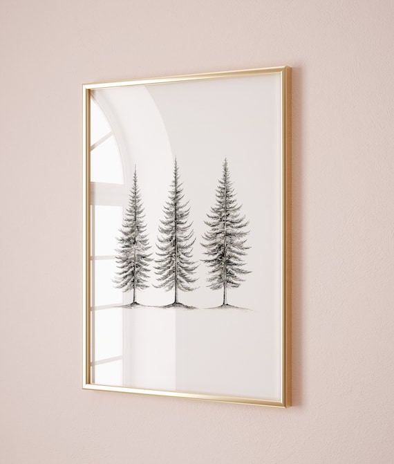 Three Pine Trees Minimalist Sketch Drawing Christmas Nature Print
