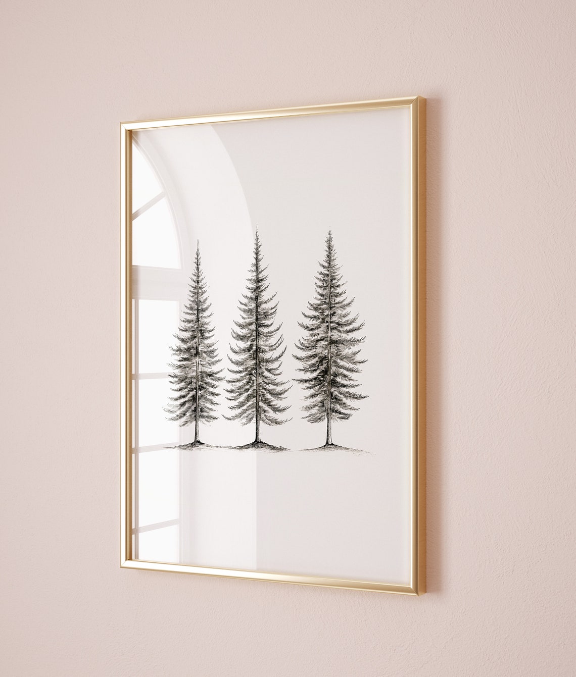 Three Pine Trees Minimalist Sketch Drawing Christmas Nature Print