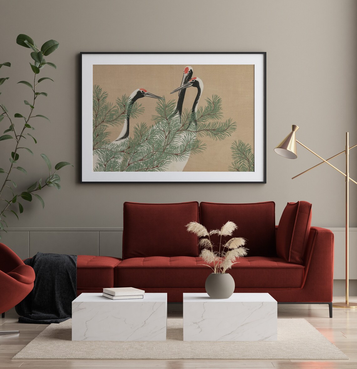 Vintage Japanese Crane Birds Art Print, Neutral Nature - Image 2