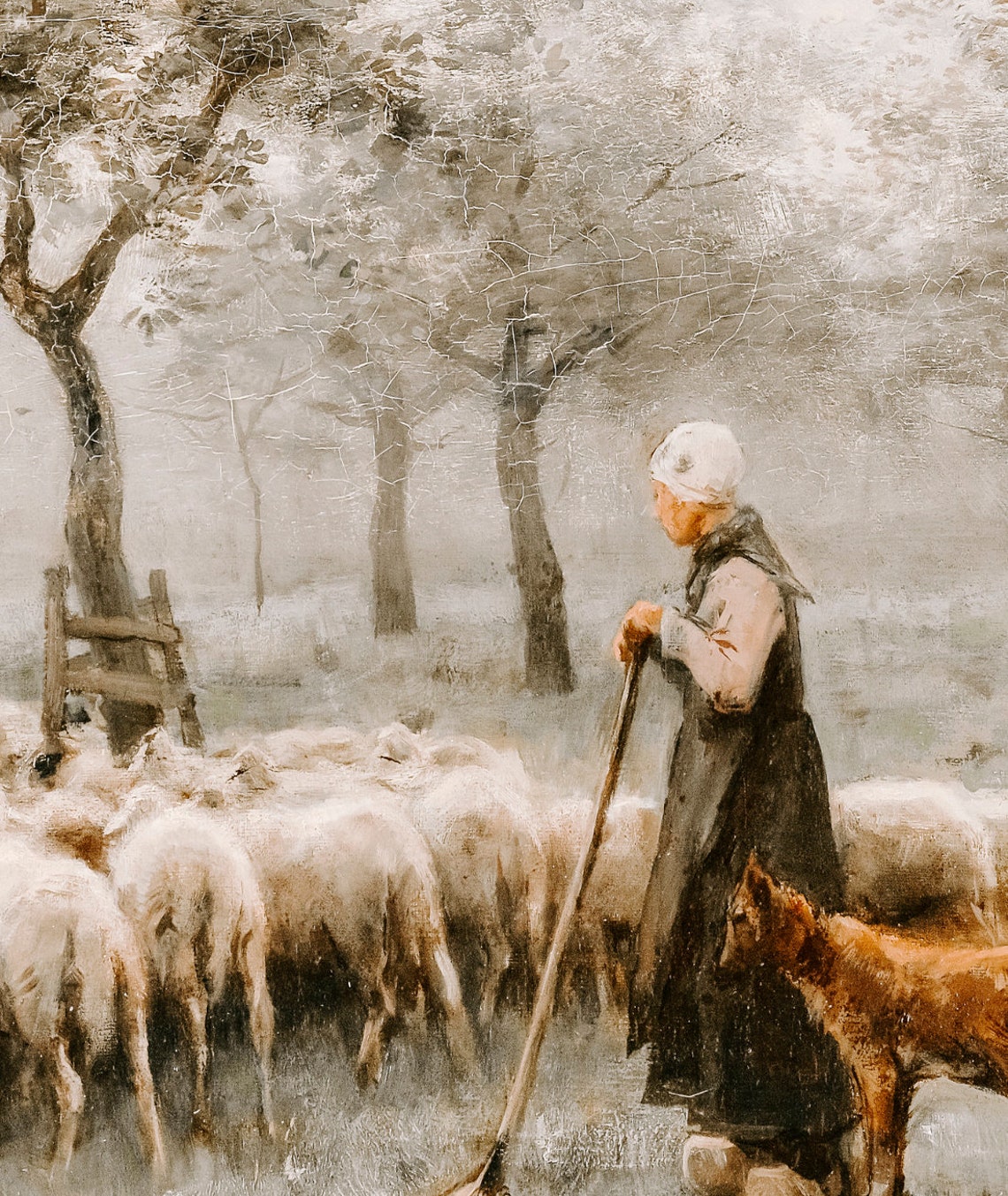 Vintage Shepherdess Herding Sheep with Dog Farm Painting Poster - Image 2
