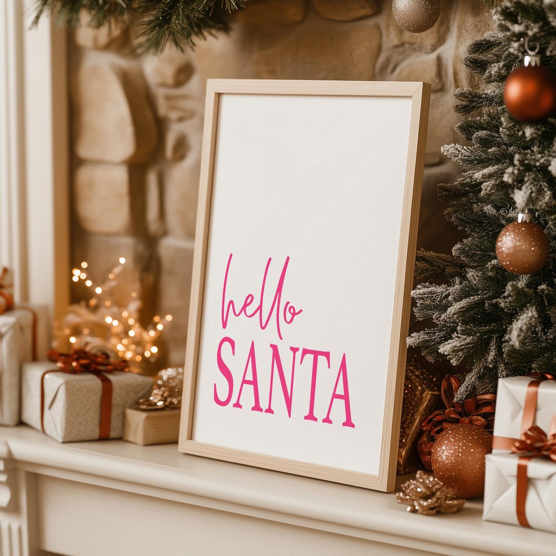 Hot Pink Hello Santa Script Typography Trendy Modern Christmas Poster - Image 2
