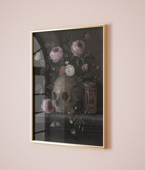 Gothic Vanitas Skull with Roses Dark Academia Still Life Poster