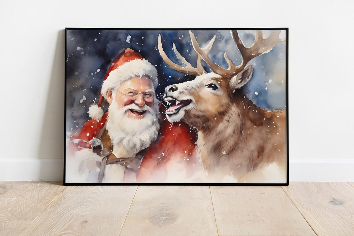 Santa Claus and Reindeer Snowy Watercolor Joyful Christmas Art Poster