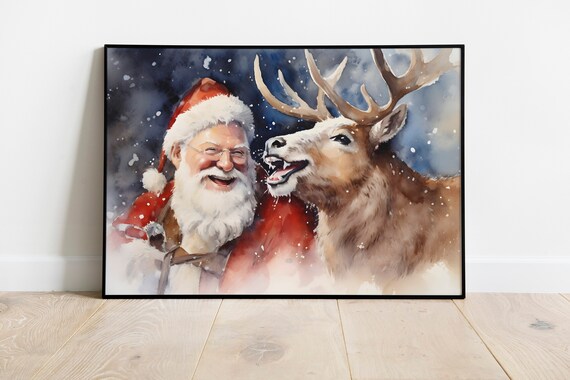 Santa Claus and Reindeer Snowy Watercolor Joyful Christmas Art Poster