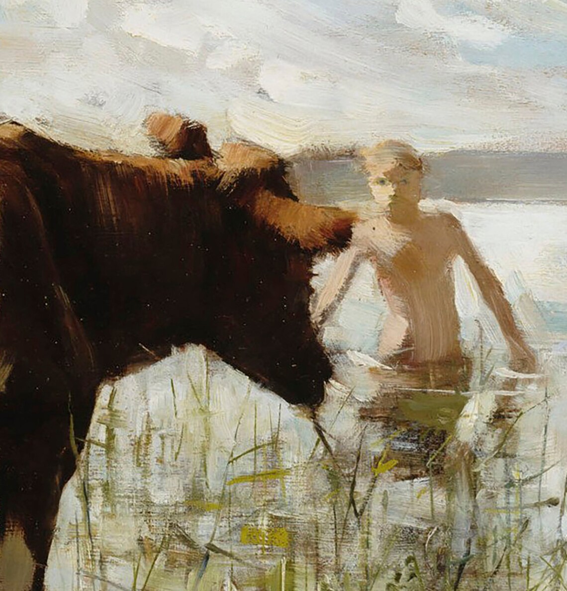 Antique Cow At Lakeside Vintage Oil Painting Cottagecore Print - Image 2