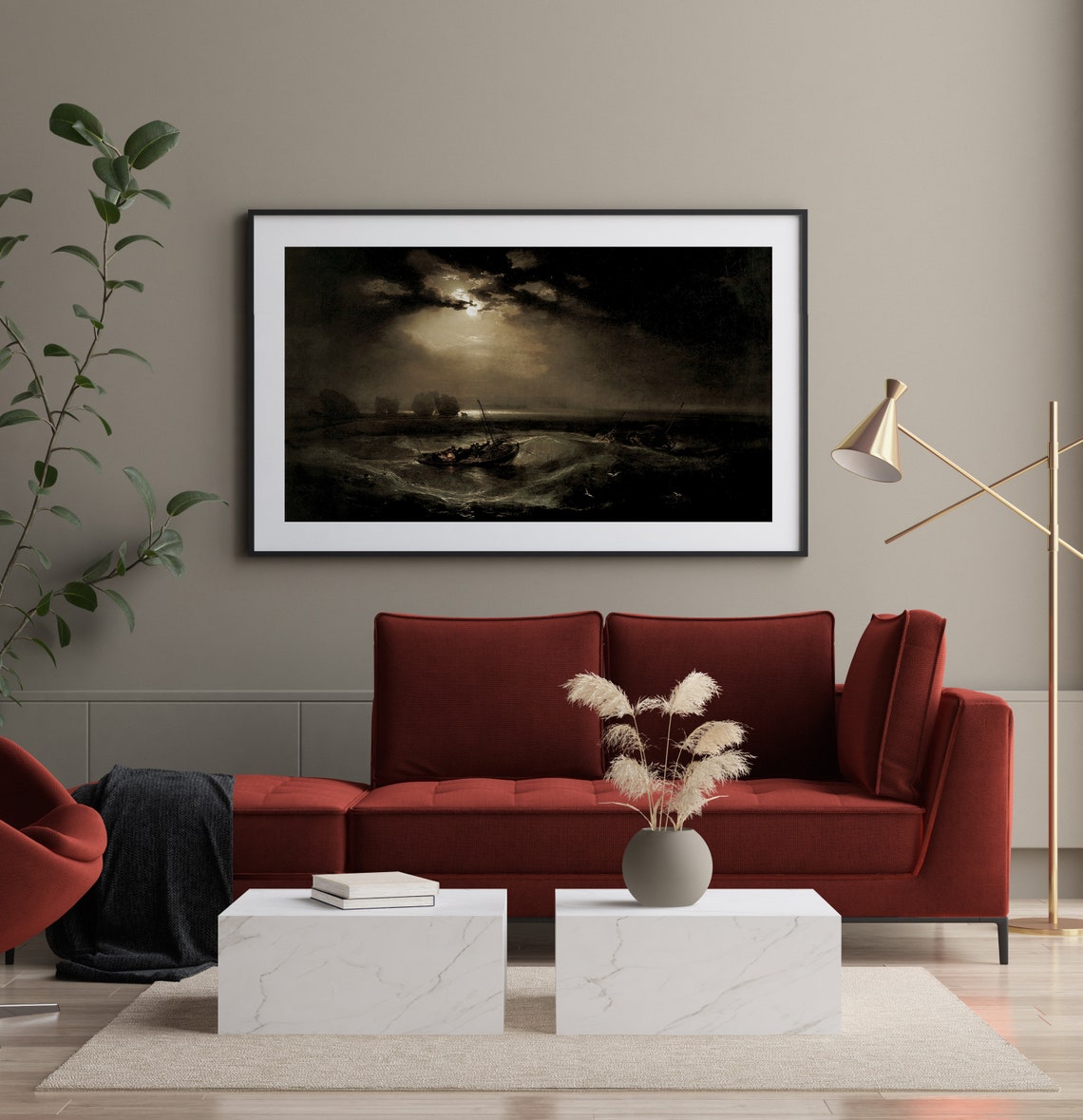 Winter Coastal Seascape Moonlight Boat Moody Vintage Painting Print - Image 2