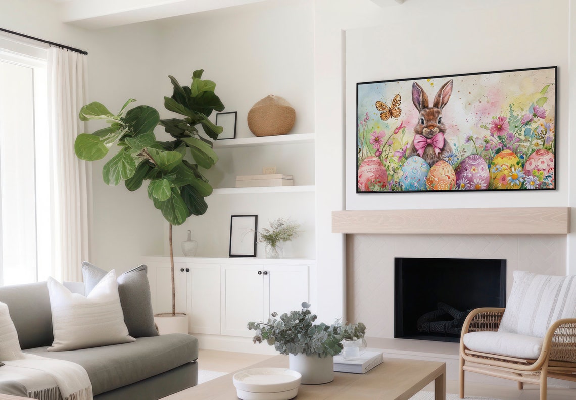 Easter Bunny with Pink Bow Tie Painted Eggs Watercolor Poster - Image 3